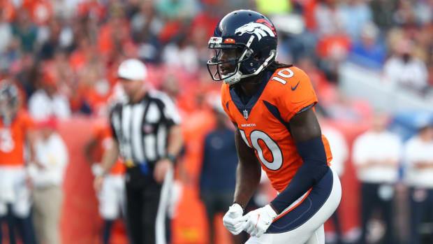 Denver Broncos wide receiver Jerry Jeudy (10) prepares for the snap against the Los Angeles Rams during the first quarter at Empower Field at Mile High.