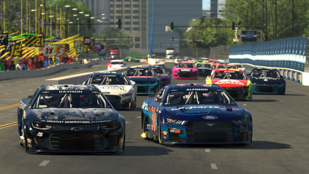 Here's a computer-generated example of what next year's NASCAR Cup street course race in Chicago may look like, taken from a eNASCAR iRACING Pro Invitational Series race in June 2021 in Chicago. (Photo by Chris Graythen/Getty Images)