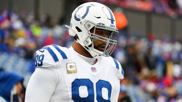 Nov 21, 2021; Orchard Park, New York, USA; Indianapolis Colts defensive tackle DeForest Buckner (99) prior to the game against the Buffalo Bills at Highmark Stadium. Mandatory Credit: Rich Barnes-USA TODAY Sports