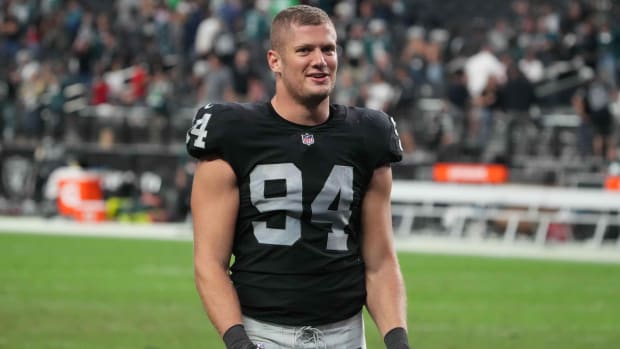 Raiders defensive end Carl Nassib (94) looks on after a game against the Eagles.