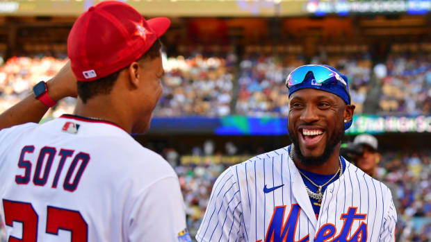 Washington Nationals right fielder Juan Soto (22) talks with New York Mets right fielder Starling Marte (6) in the first round during the 2022 Home Run Derby.