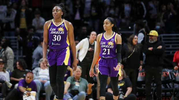 Forward Nneka Ogwumike #30 and guard Jordin Canada #21 of the Los Angeles Sparks react after failing to score in the final seconds of the game and losing to the Minnesota Lynx at Crypto.com Arena on May 17, 2022 in Los Angeles, California.