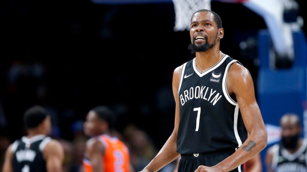 Nets forward Kevin Durant (7) reacts after a play against the Thunder during Brooklyn's 120-96 win on Nov. 14, 2021, at Paycom Center. cutout