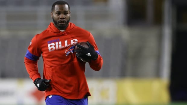 Wide receiver Duke Williams warms up before a Bills game.