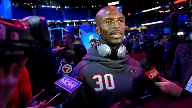 Patriots cornerback Jason McCourty (30) during opening night for Super Bowl LIII at State Farm Arena.