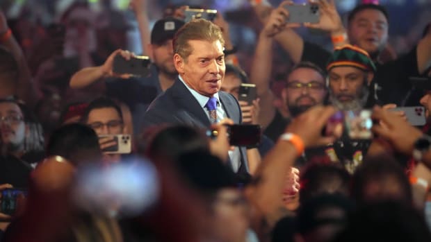 WWE owner Vince McMahon enters the arena during WrestleMania at AT&T Stadium.