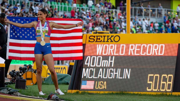 USA's Sydney McLaughlin poses with her world record during day eight of the World Athletics Championships at Hayward Field in Eugene, Oregon Friday