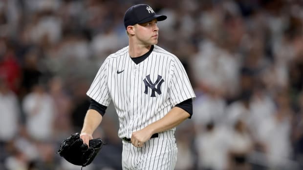 Jul 15, 2022; Bronx, New York, USA; New York Yankees relief pitcher Michael King (34) reacts during the eleventh inning against the Boston Red Sox at Yankee Stadium.