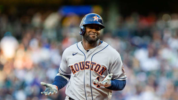 Jul 22, 2022; Seattle, Washington, USA; Houston Astros designated hitter Yordan Alvarez (44) gestures as he rounds the base after hitting a home run against the Seattle Mariners during the fourth inning at T-Mobile Park. Mandatory Credit: Lindsey Wasson-USA TODAY Sports