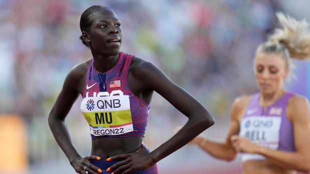 Athing Mu, of the United States, reacts to her win during the semifinal in the women's 800-meter run at the World Athletics Championships on Friday, July 22, 2022, in Eugene, Ore.