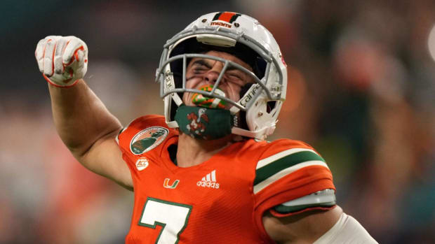 Xavier Restrepo Miami Hurricanes Wide Receiver - photo is from 2021 Virginia game after a first down