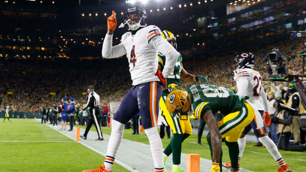 Dec 12, 2021; Green Bay, Wisconsin, USA; Chicago Bears safety Eddie Jackson (4) celebrates after breaking up a pass during the second quarter against the Green Bay Packers at Lambeau Field. Mandatory Credit: Jeff Hanisch-USA TODAY Sports