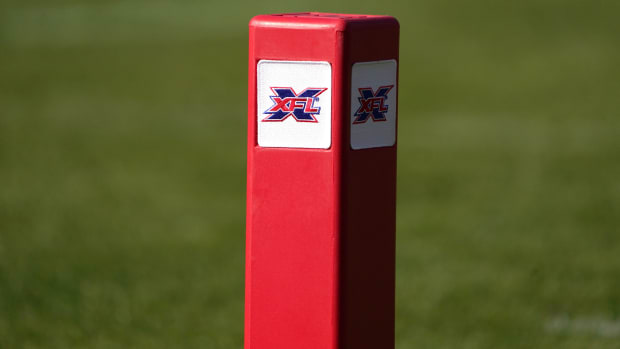 Detailed view of pylon with XFL logo during the game between the LA Wildcats and the Dallas Renegades.