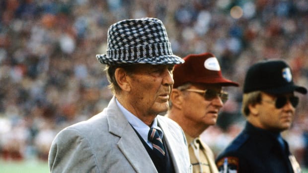 Alabama Crimson Tide head coach Paul Bear Bryant on the sideline during the game against the Auburn Tigers at Legion Field.