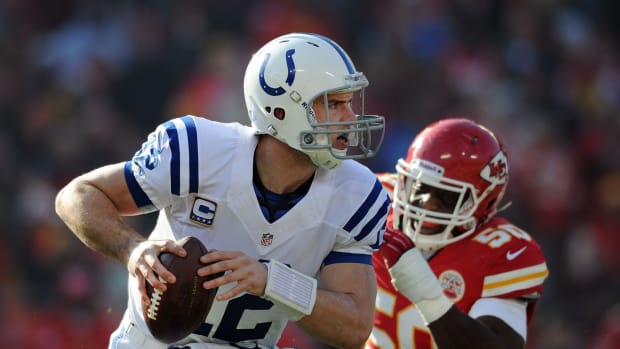 Indianapolis Colts QB Andrew Luck scrambled away from the threat of Kansas City Chiefs linebacker Justin Houston (50). Luck joined the Colts in 2012. He missed an entire season, and so far has 86 starts ahead of the 2019 season.