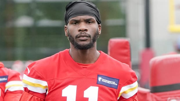 May 26, 2022; Kansas City, MO, USA; Kansas City Chiefs wide receiver Marquez Valdes-Scantling (11) takes a break during organized team activities at The University of Kansas Health System Training Complex.