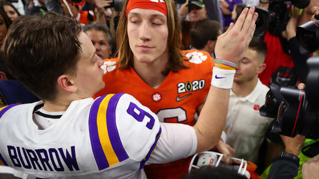 Clemson quarterback Trevor Lawrence (right) greets LSU quarterback Joe Burrow following the College Football Playoff national championship game at Mercedes-Benz Superdome.