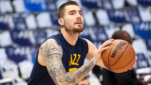 Utah Jazz forward Juancho Hernangomez warms up before Game 2 of the first round of the 2022 NBA playoffs.