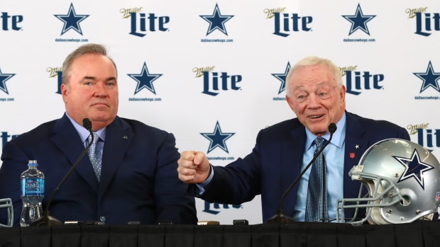 Cowboys owner Jerry Jones answers questions with new head coach Mike McCarthy during a press conference.