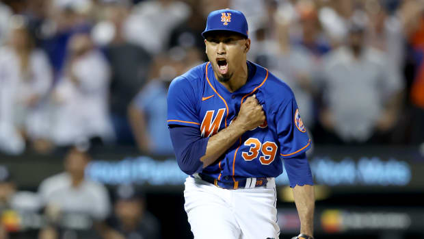 Jul 26, 2022; New York City, New York, USA; New York Mets relief pitcher Edwin Diaz (39) reacts after getting the last out during the ninth inning against the New York Yankees at Citi Field.