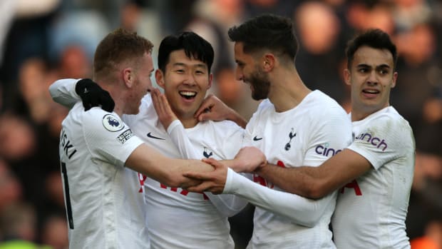 Son Heung-min (second left) pictured celebrating with his Tottenham teammates after scoring three goals at Aston Villa in April 2022