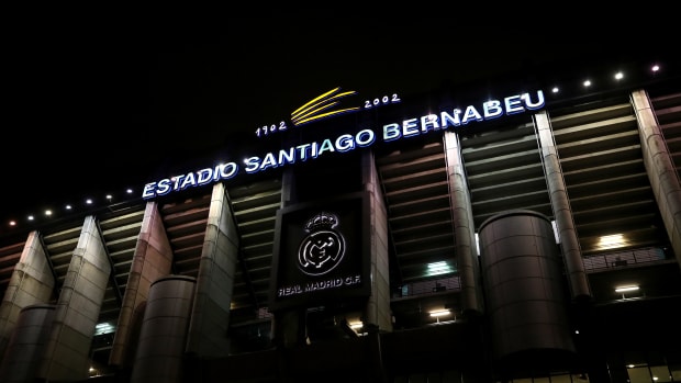 A general view from the outside of the Bernabeu on a Champions League night