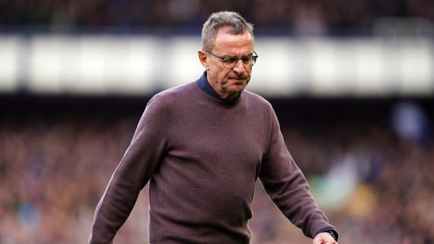 Ralf Rangnick looks frustrated after watching his Manchester United team lose 1-0 at Everton in April 2022