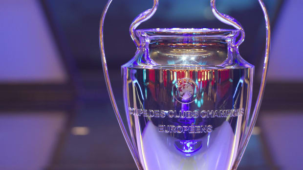The UEFA Champions League trophy is pictured on display at the group stage draw ceremony in August 2019