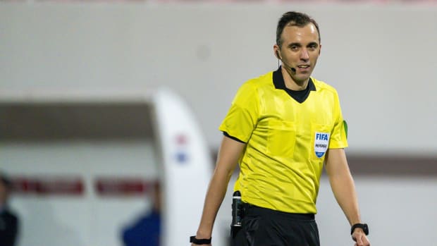 Referee Joao Pinheiro pictured in charge of Gibraltar vs Holland in March 2021