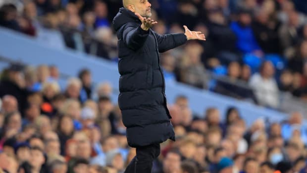 Manchester City manager Pep Guardiola pictured during his side's 3-0 win over Brighton in April 2022