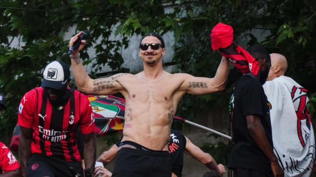 Zlatan Ibrahimovic pictured celebrating AC Milan's Serie A title triumph in May 2022