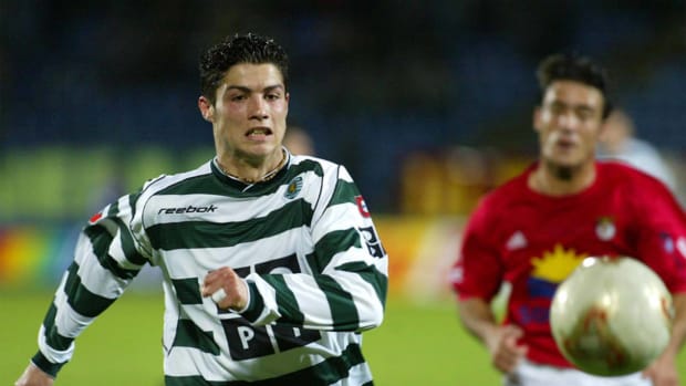 A teenage Cristiano Ronaldo (left) pictured playing for Sporting Lisbon in 2003