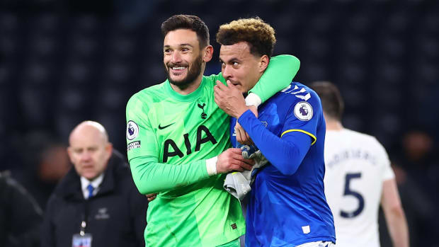Hugo Lloris embraces Dele Alli after Tottenham's 5-0 win over Everton in March 2022