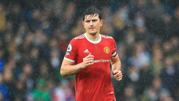 Harry Maguire pictured during Manchester United's game at Leeds in February 2022