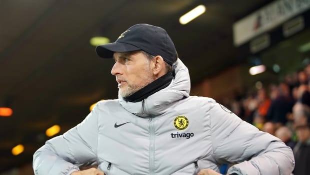 Thomas Tuchel pictured at Chelsea's game at Norwich City in March 2022
