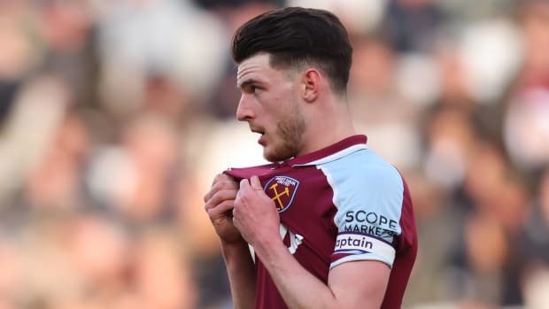 Declan Rice pictured playing for West Ham in February 2022