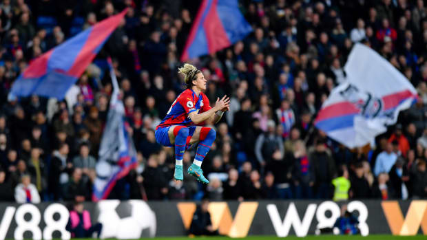 Conor Gallagher pictured jumping ahead of Crystal Palace's Premier League fixture against Leeds United in April 2022