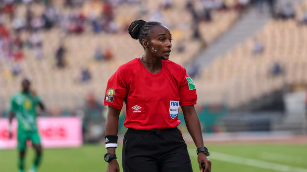 Referee Salima Mukansanga pictured during the 2021 Africa Cup of Nations match between Zimbabwe and Guinea in January 2022