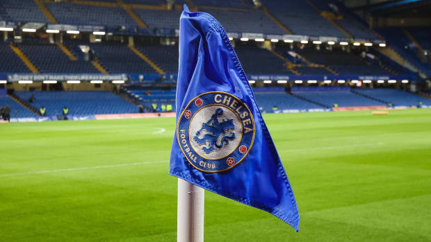 A general view of a Chelsea-branded corner flag at Stamford Bridge