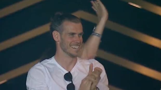Gareth Bale pictured in the stands celebrating an LAFC goal against LA Galaxy on July 8