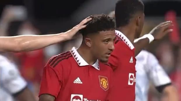 Jadon Sancho pictured after scoring the first goal of Manchester United's Erik ten Hag era in a pre-season friendly against Liverpool