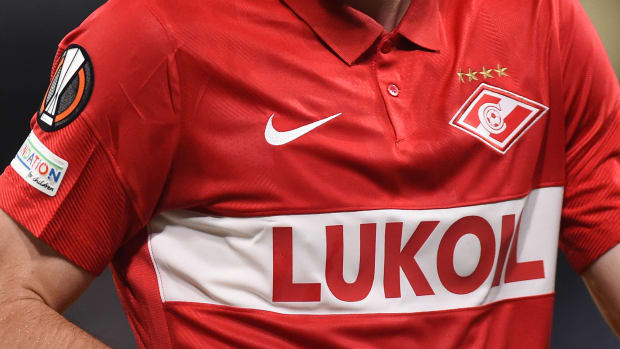 A close up view of a Spartak Moscow shirt taken during their Europa League game against Napoli in September 2021