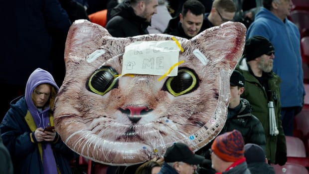 A giant inflatable cat face is seen at Anfield during Liverpool's game with West Ham