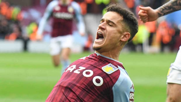 Philippe Coutinho celebrates scoring for Aston Villa in their win over Southampton in March 2022