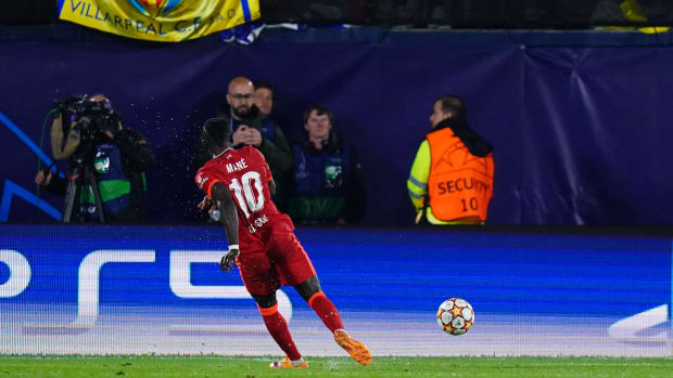 Sadio Mane pictured scoring to seal Liverpool's 3-2 win against Villarreal in May 2022
