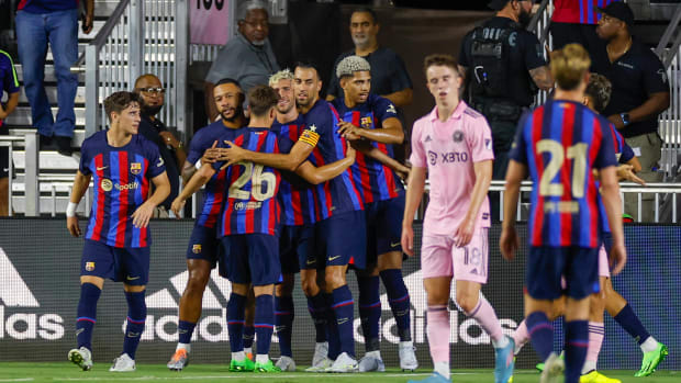 Barcelona's players pictured celebrating a goal during their 6-0 win over Inter Miami in July 2022