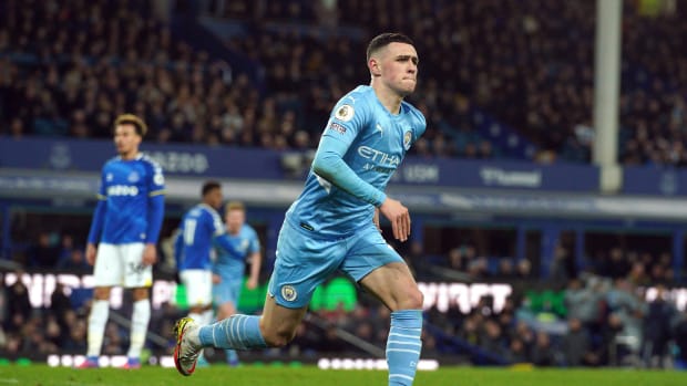 Phil Foden pictured after scoring for Manchester City against Everton in February 2022