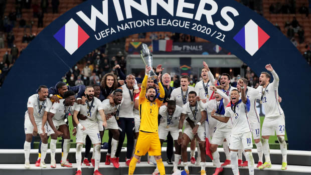 France captain Hugo Lloris pictured lifting the UEFA Nations League trophy after the 2020/2021