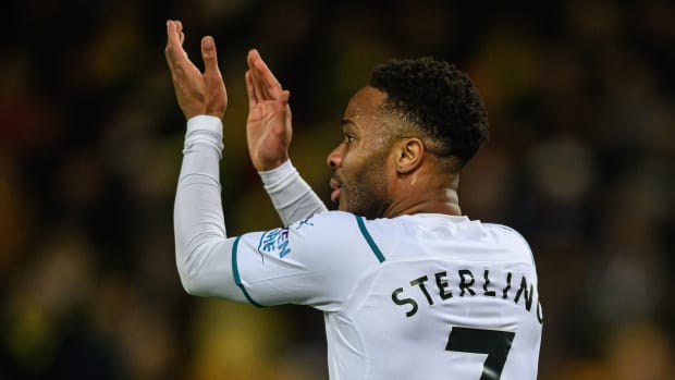 Raheem Sterling pictured playing for Manchester City in February 2022