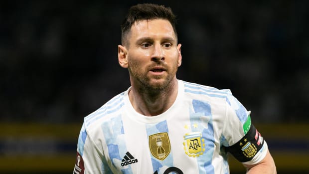 Lionel Messi pictured playing for Argentina in a World Cup qualifier against Venezuela in March 2022
